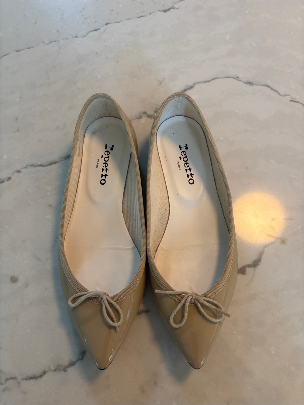 Repetto Beige Patent Pointed-Toe Ballet Flats with Bow